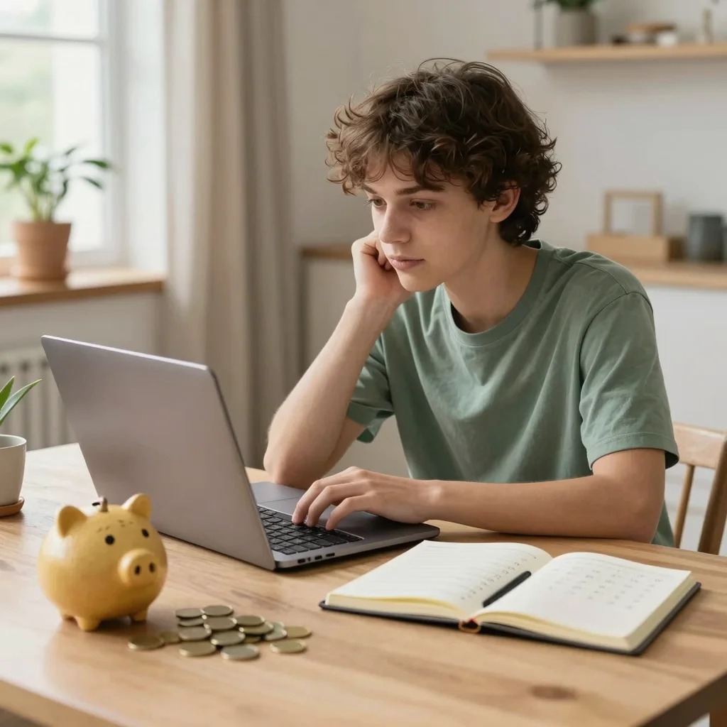 Persona tranquila organizando su ahorro programado en casa con hucha, calendario y portátil.