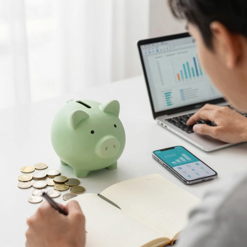 Joven organizando ahorro programado con móvil, hucha y monedas en un escritorio luminoso