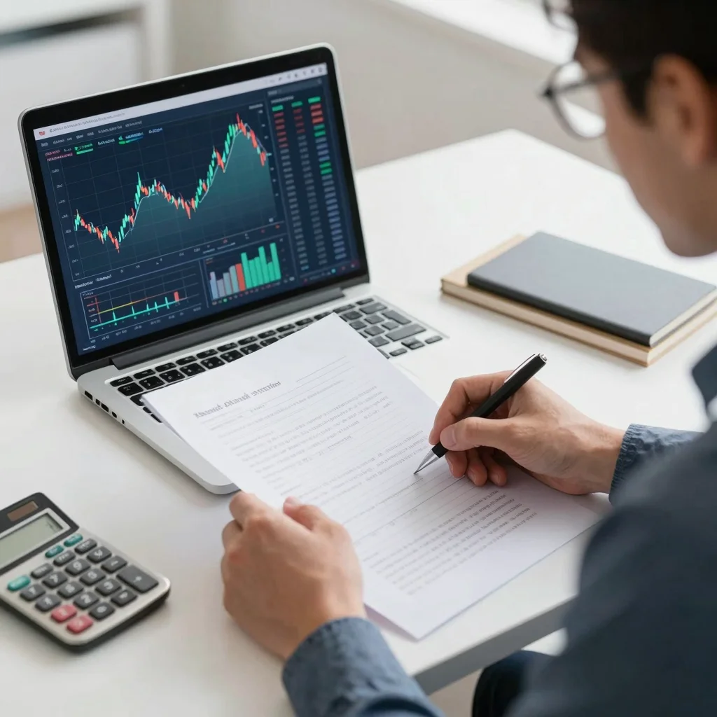 Analista revisa estados financieros de cotizadas con gráficos bursátiles abstractos en una oficina moderna