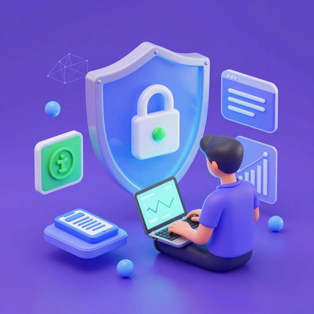 Persona aprendiendo DeFi con billetera digital y escudo de seguridad en un entorno blockchain.