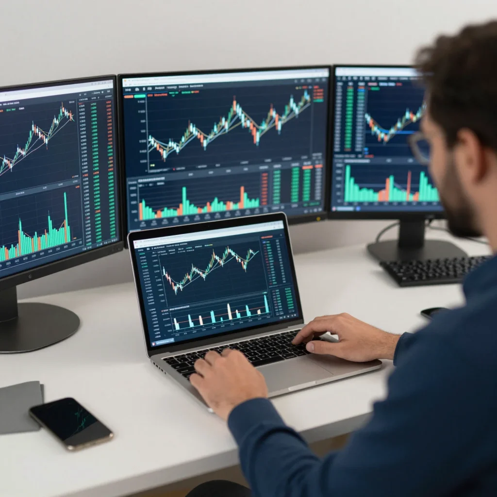 Inversor creando un screener de acciones baratas con gráficos financieros en pantallas.