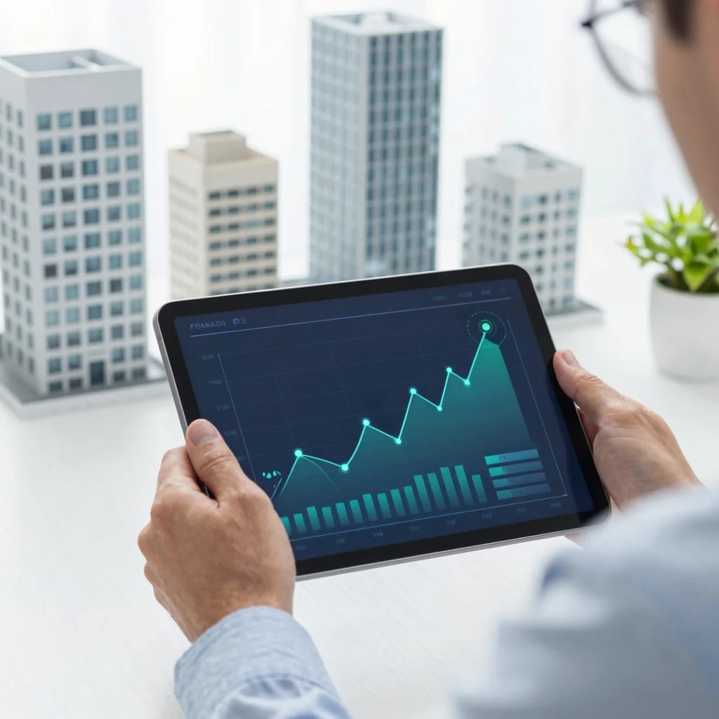 Inversor analiza ganancias de crowdlending inmobiliario con edificios modernos al fondo