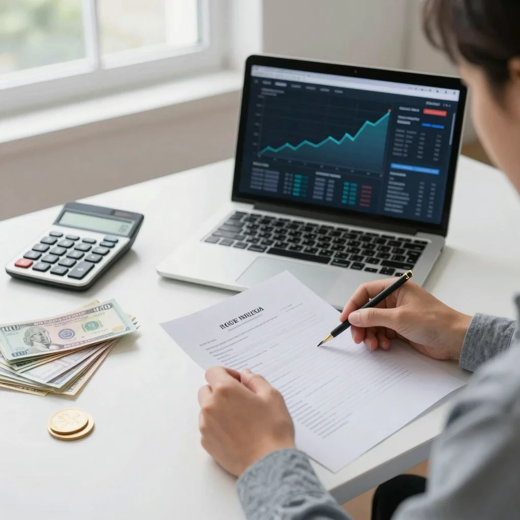 Persona calculando cómo deducir gastos e impuestos de sus inversiones con laptop y documentos financieros