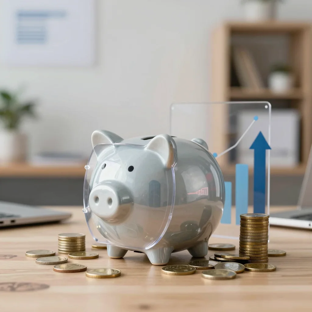 Hucha y monedas protegidas por un escudo como símbolo de depósitos garantizados contra la inflación