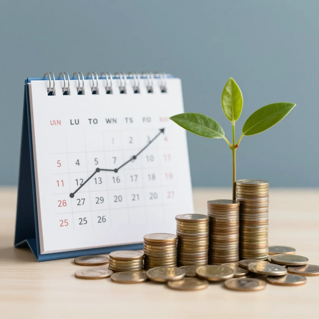 Crecimiento financiero con monedas y planta que simboliza diferimiento fiscal e interés compuesto