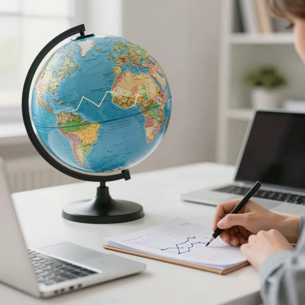Inversor planifica diversificación global con un fondo indexado y mercados internacionales conectados