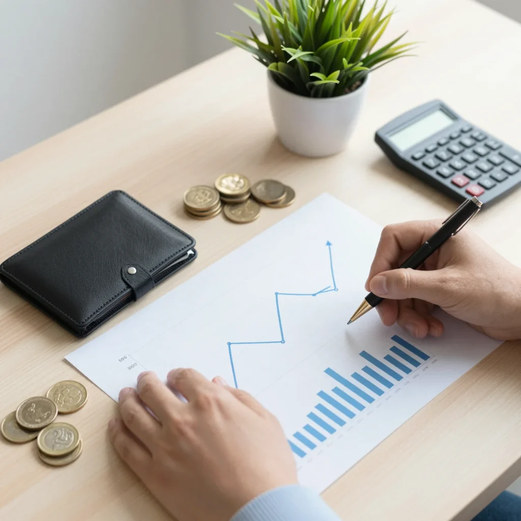 Mesa financiera con cartera de inversión, calculadora y gráficos que representan estrategias fiscales