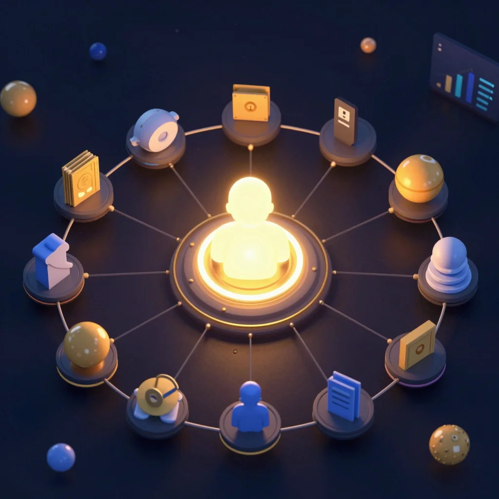 Estrategia de inversión satélite con cartera central y activos diversificados orbitando alrededor.