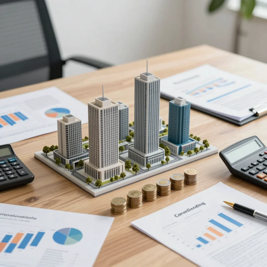 Fiscalidad del crowdlending inmobiliario representada con maqueta de edificios, monedas y documentos fiscales.