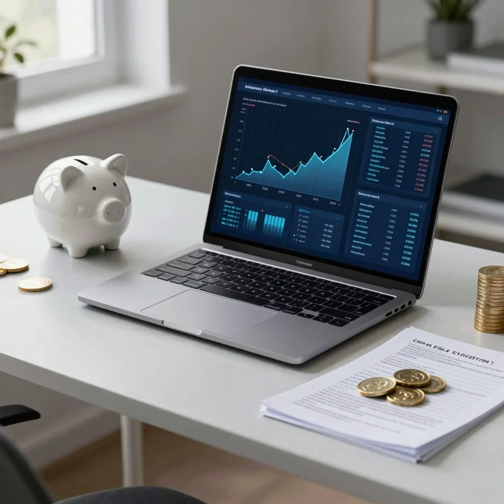 Fiscalidad DeFi en España con criptomonedas, ahorro digital y documentos fiscales sobre una mesa