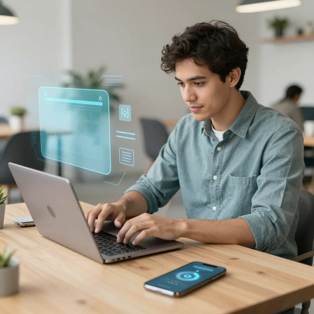 Autónomos jóvenes usando herramientas digitales en un espacio moderno para gestionar su trabajo