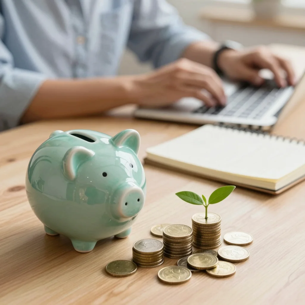 Hucha, monedas y brote verde que representan ingresos pasivos con depósitos y ahorro.