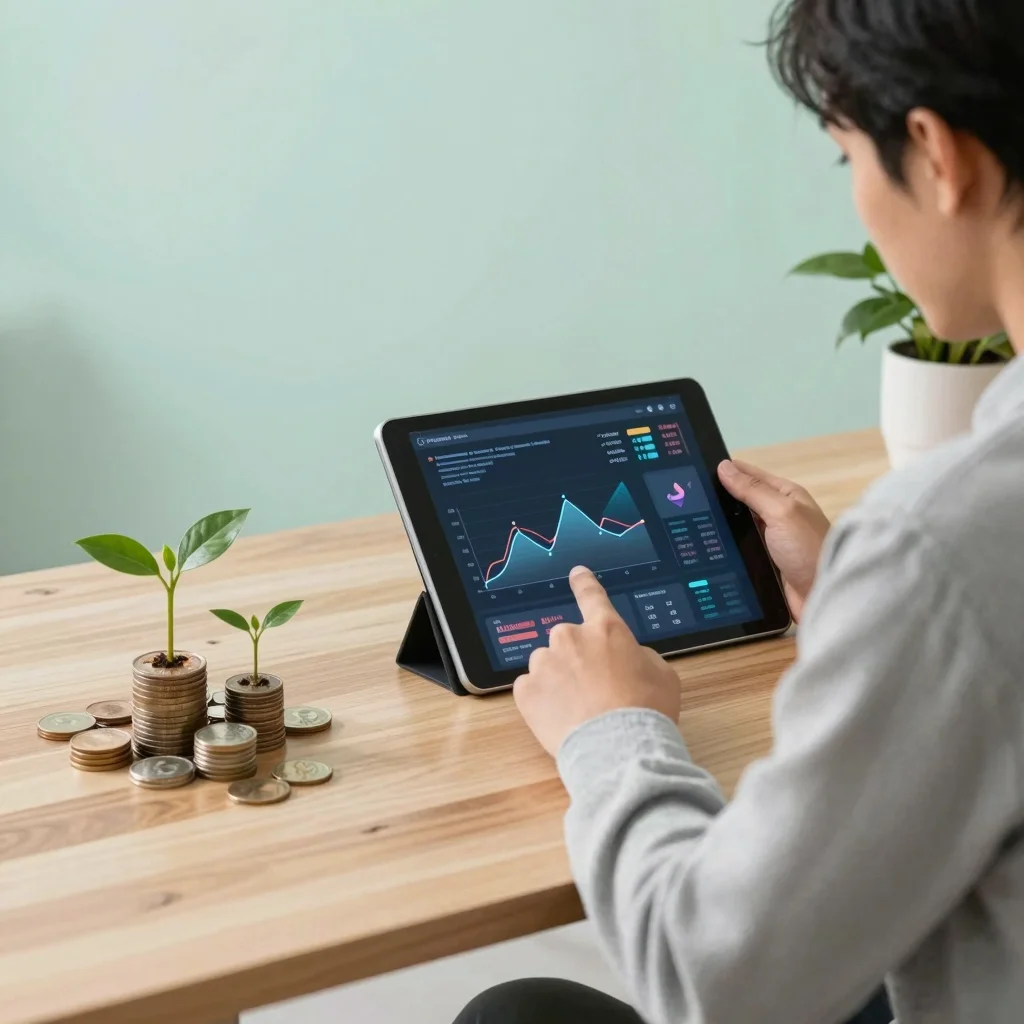 Joven aprende interés compuesto e inversión en indexados con gráficos y ahorro a largo plazo