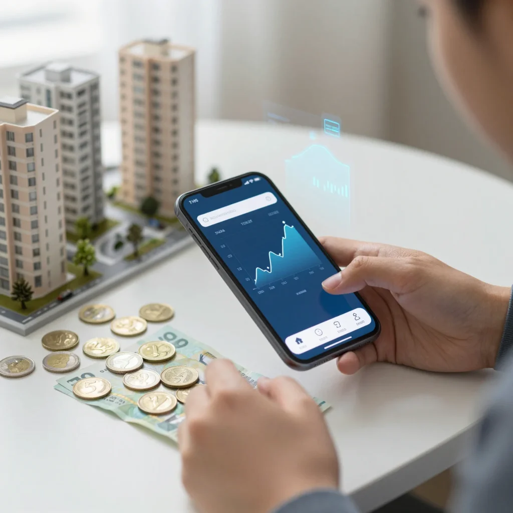 Persona invirtiendo desde el móvil en crowdlending inmobiliario con edificios y monedas