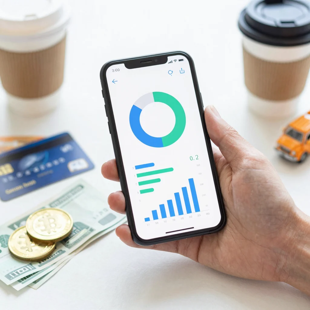 Smartphone con apps para tus gastos, gráficos financieros y objetos cotidianos de consumo.