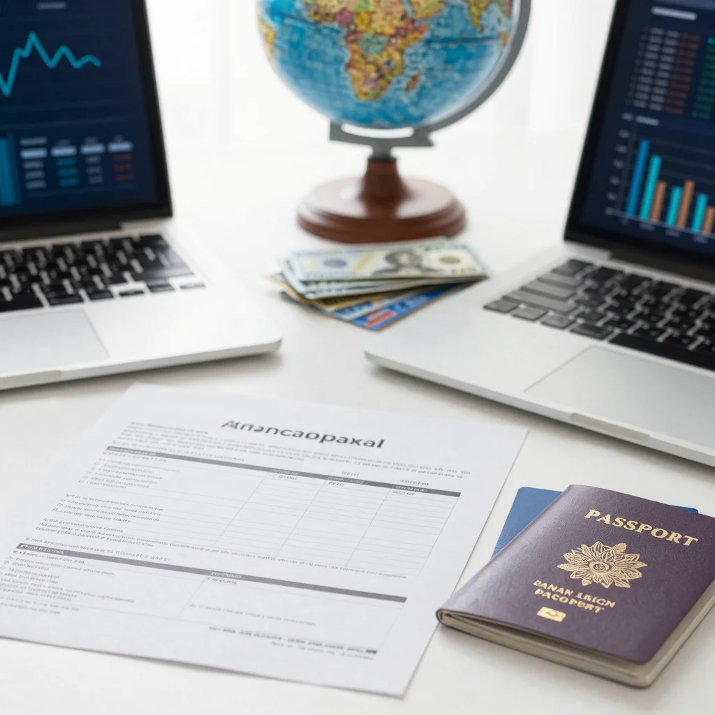 Documentos financieros, pasaporte y globo ilustran el Modelo 720 para activos en el extranjero