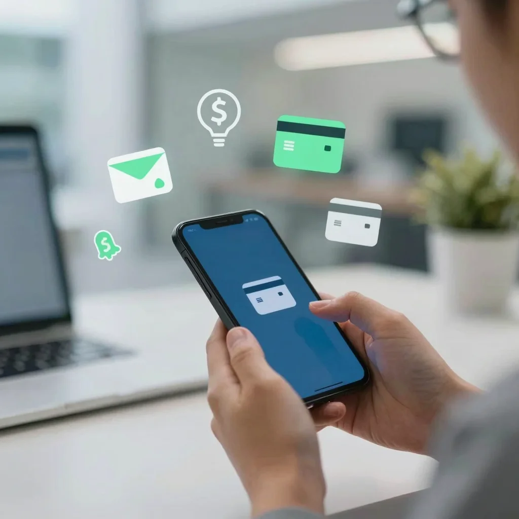 Neobancos en un smartphone con tarjetas digitales y símbolos de ahorro sin comisiones