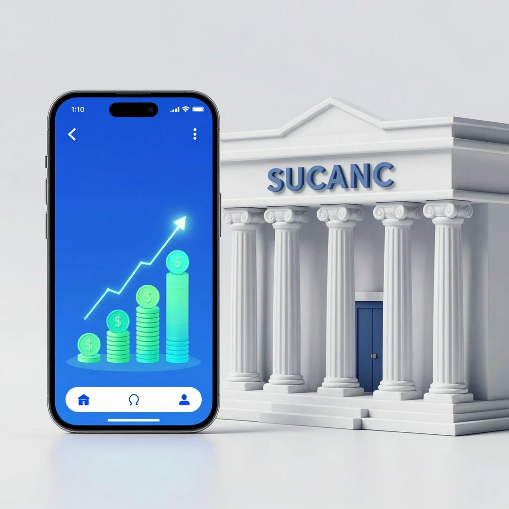 Neobancos frente a banca tradicional con móvil, sucursal y símbolos de intereses financieros