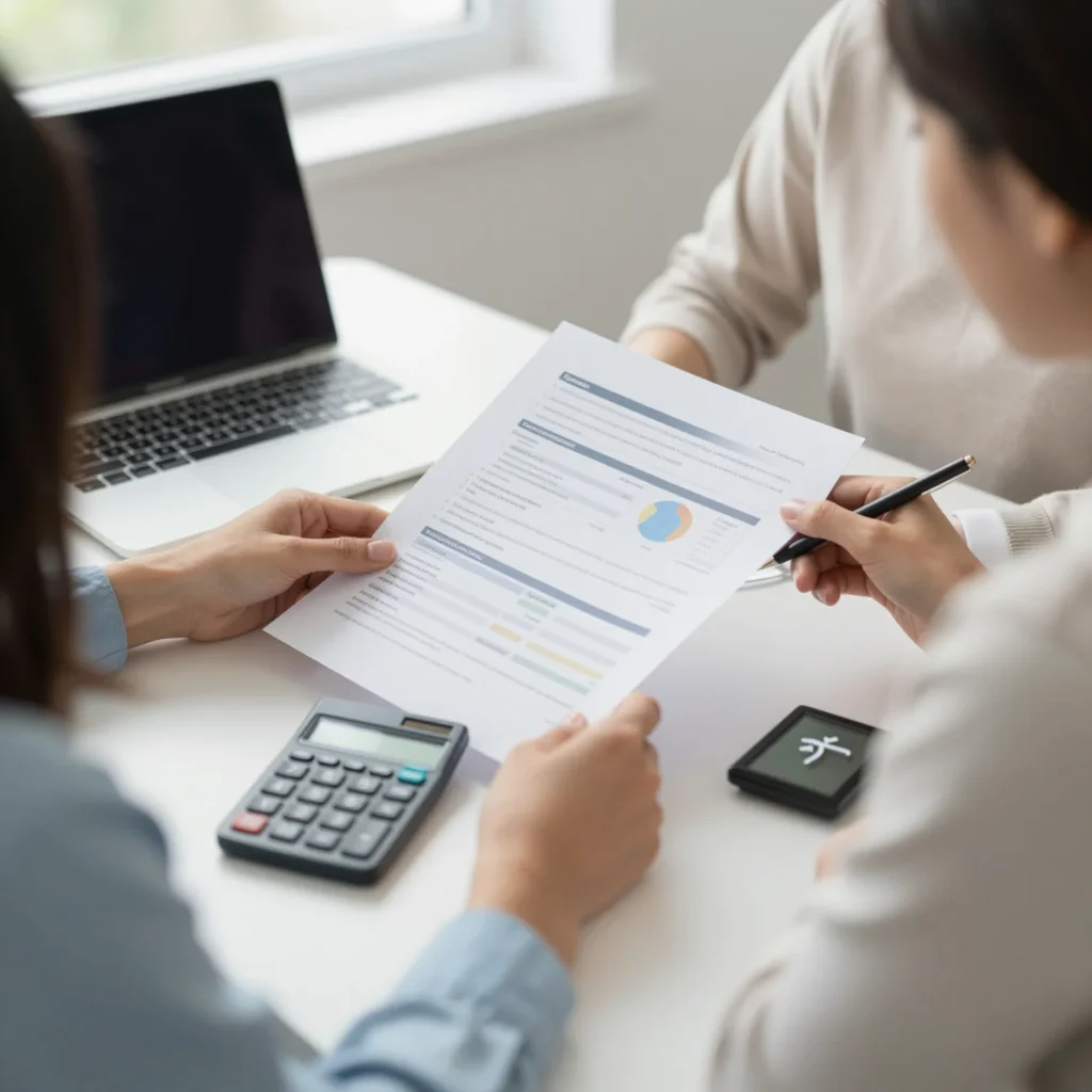 Persona revisando finanzas para resolver dudas sobre seguro de ingresos y protección económica.