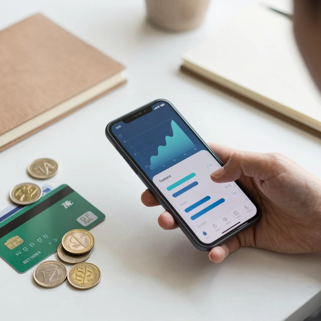Presupuesto base cero organizado con apps financieras en un smartphone sobre un escritorio