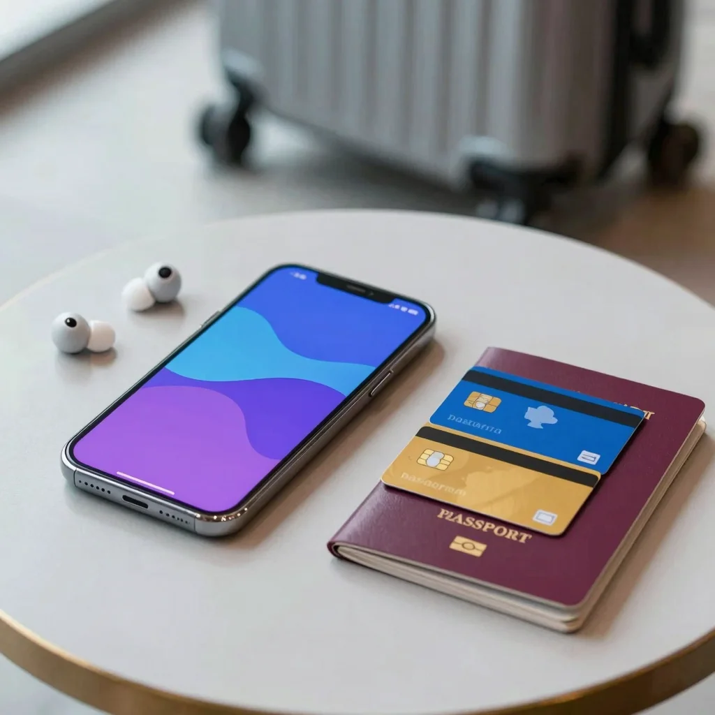 Revolut vs N26 como neobanco para viajar, con móvil, tarjetas y accesorios de viaje en una mesa.
