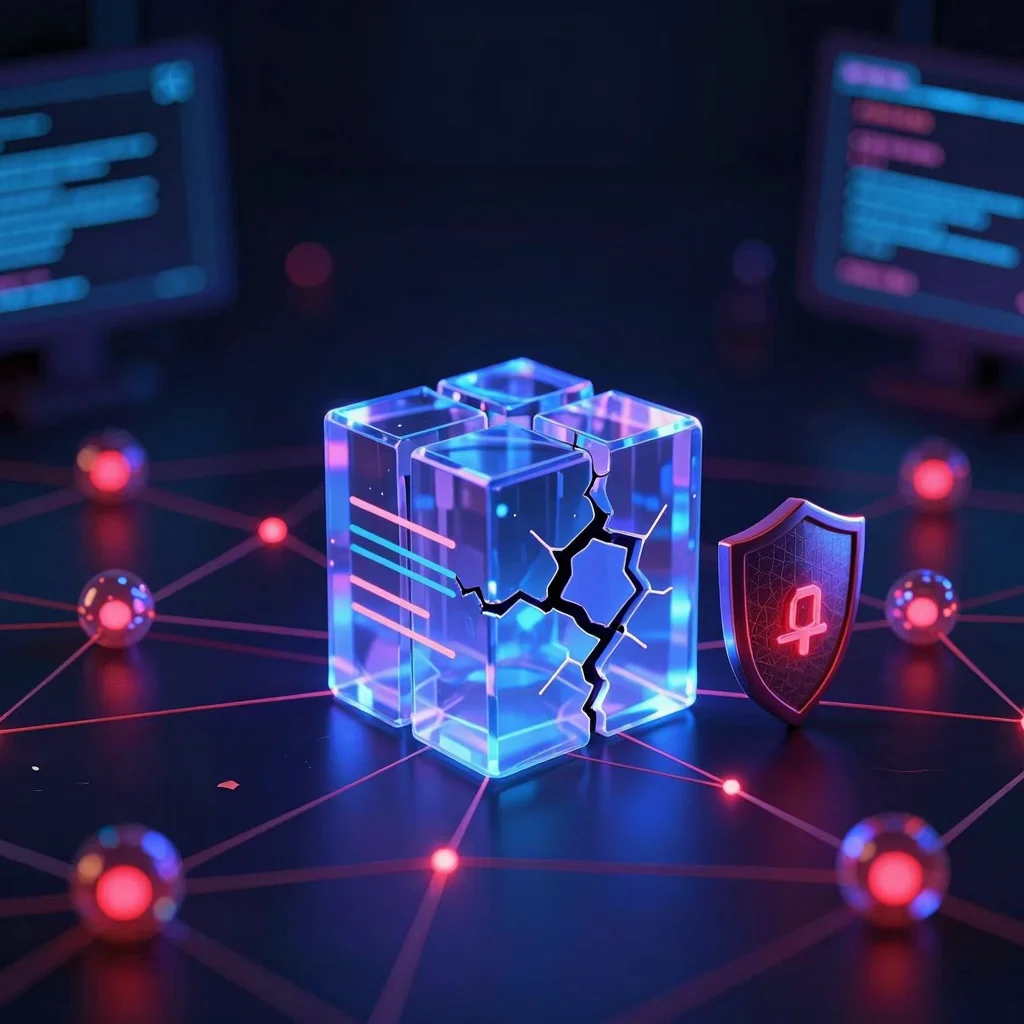 Riesgos DeFi con contrato inteligente vulnerable y señales de hackeo en una red blockchain.