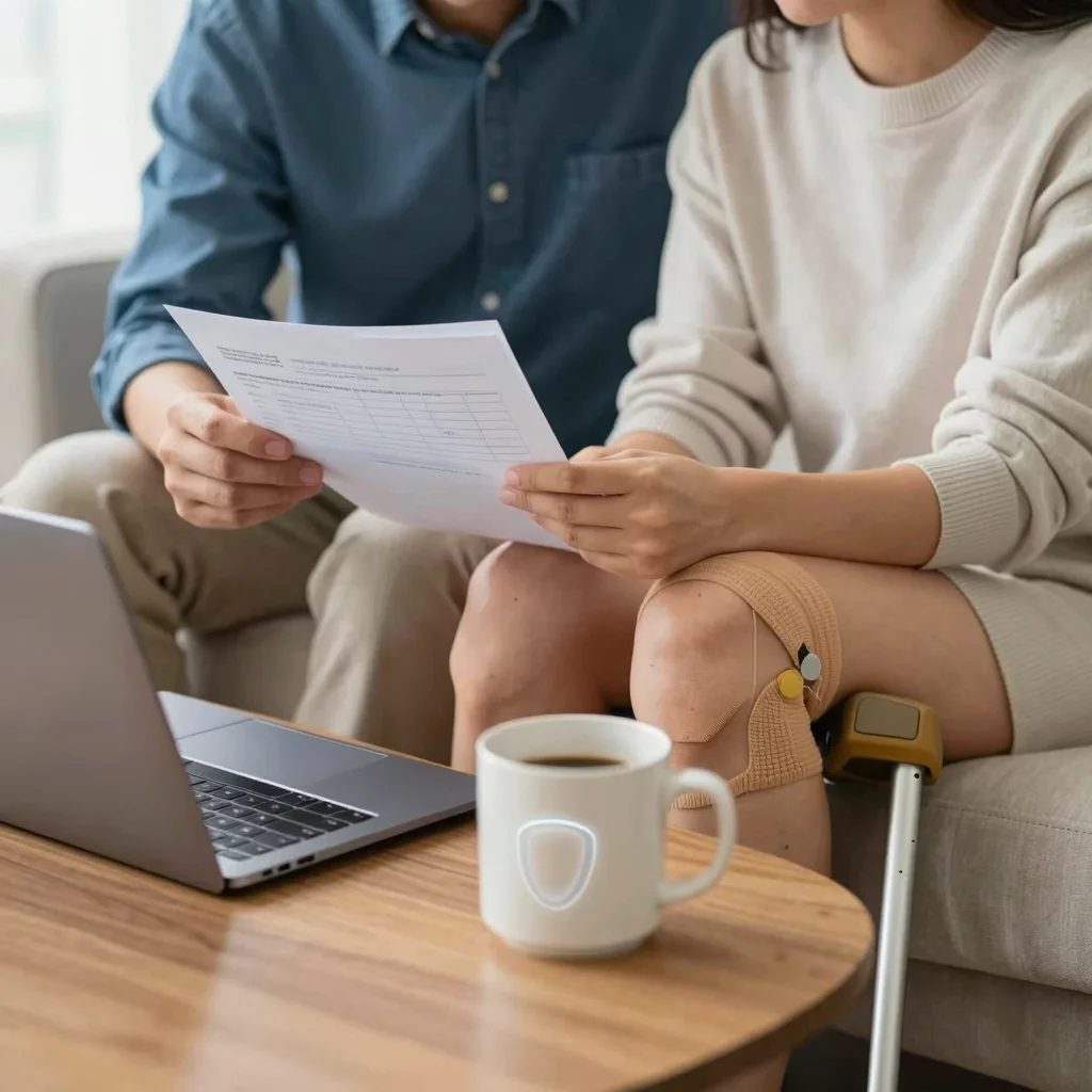 Persona revisa sus finanzas en casa con seguro de invalidez como protección de ingresos.