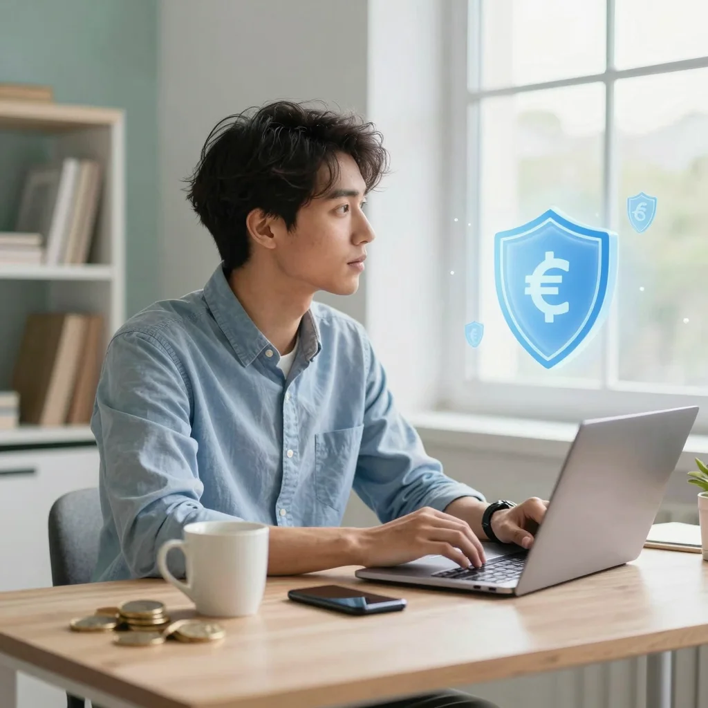 Joven profesional protegido por un escudo financiero, concepto de seguros jóvenes para cuidar ingresos