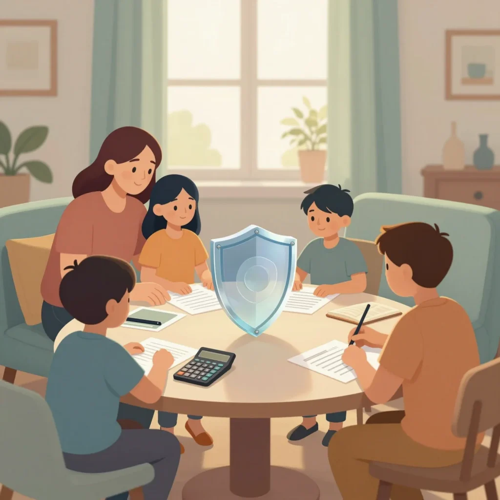 Familia protegida en casa con seguros de vida e incapacidad y planificación financiera