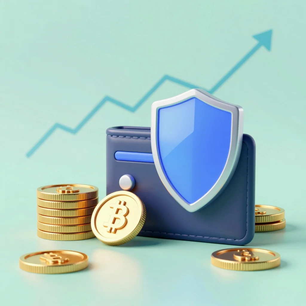 Staking estable con billetera digital, monedas y escudo que simbolizan bajo riesgo y rendimiento.
