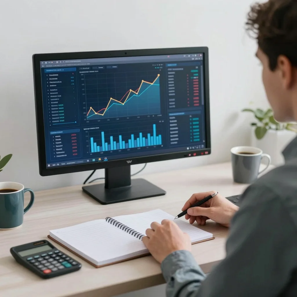 Inversor analizando una acción con PER, ROE y EBITDA mediante gráficos financieros