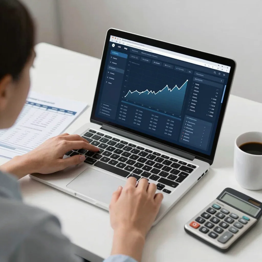 Persona analizando balances en Yahoo Finance con gráficos financieros en una pantalla de portátil