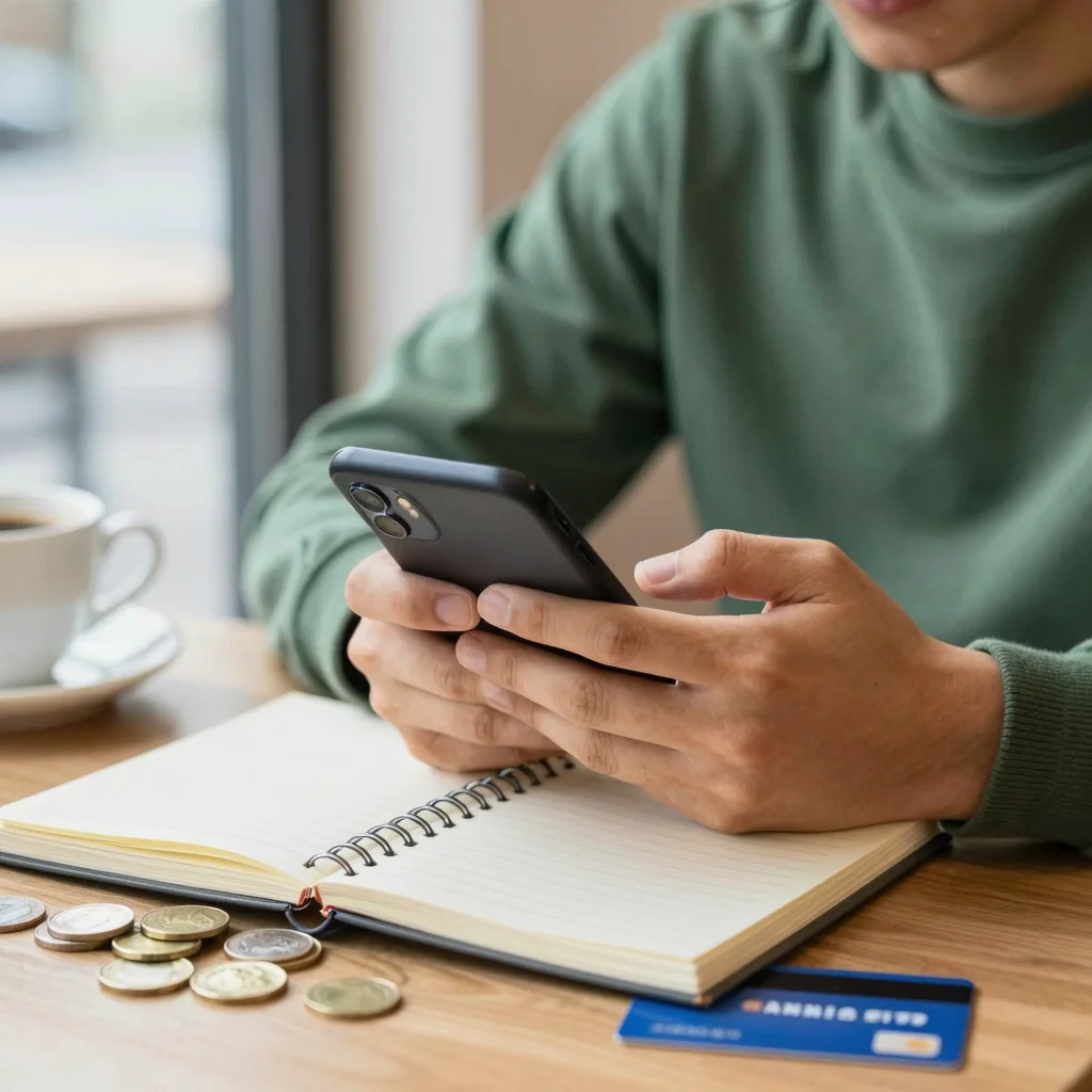 Joven consultando cuentas remuneradas para jóvenes ahorradores desde su móvil con monedas sobre la mesa