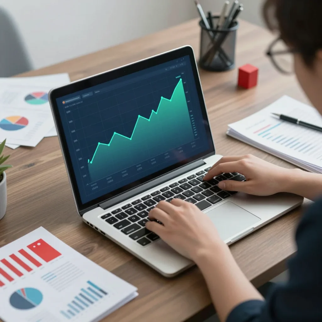Inversor analiza gráficos y alertas para evitar errores al invertir en fondos indexados.