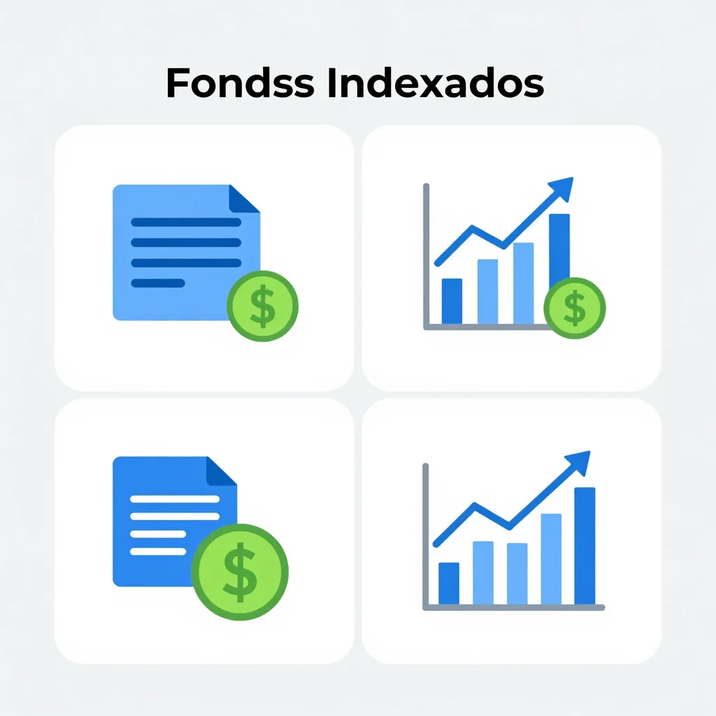 Comparativa visual de fondos indexados vs ETFs con gráficos financieros y carteras diversificadas