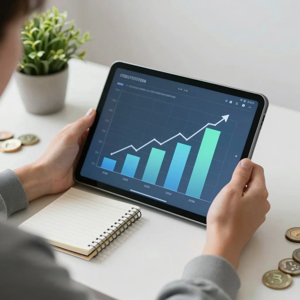 Persona revisando fondos indexados en una tableta con gráficos financieros abstractos y ambiente ordenado.