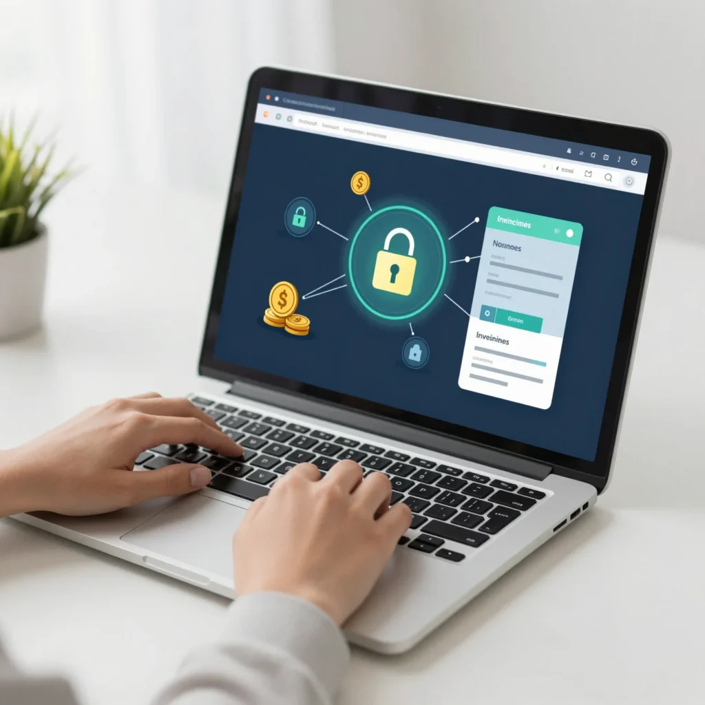 Persona analizando inversiones digitales con candado, concepto de crowdlending seguro para principiantes
