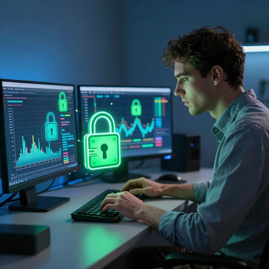 Inversor prudente analiza protocolos DeFi seguros con gráficos y símbolos de blockchain protegida