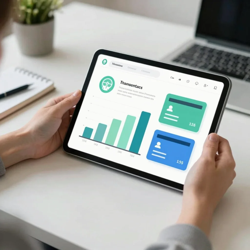 Persona usando agregadores financieros para organizar cuentas y gastos en una app moderna